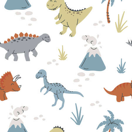 Seamless pattern with hand drawn dinosaurs in scandinavian style. Creative vector trendy childish background for fabric, textileのイラスト素材