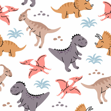Seamless pattern with hand drawn dinosaurs in scandinavian style. Creative vector trendy childish background for fabric, textileのイラスト素材