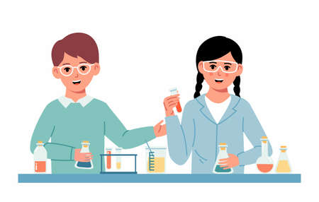 Little Students Doing Chemical Experiment. Chemistry laboratory. Little boy and girl scientist in classroom at chemistry lesson. School chemical laboratory with glass flask and test tubes.のイラスト素材