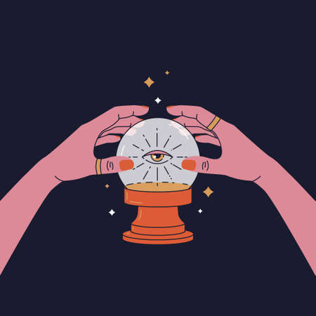 Magic crystal ball with eye of providence in hands of fortune teller. Boho chic line art tattoo, poster or altar veil print design vector color illustrationのイラスト素材