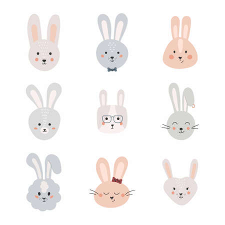 Set of cute rabbits. Funny doodle animals. Little bunny in cartoon style. Vector trendy scandinavian illustrationのイラスト素材