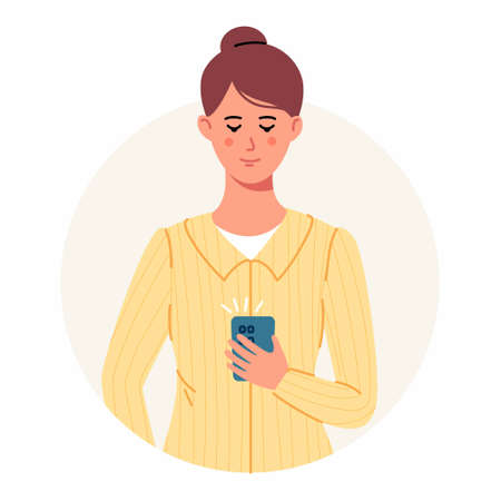 Young woman in yellow blouse is using smartphone, chatting or talking. Happy girl is looking at the phone. flat cartoon illustration.のイラスト素材