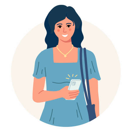 Young woman in blue dress is using smartphone, chatting or talking. Happy girl is looking at the phone. flat cartoon illustration.のイラスト素材
