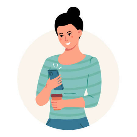 Young woman in green sweater is using smartphone, chatting or talking and holding coffee mug. Happy girl is looking at the phone. flat cartoon illustration.のイラスト素材
