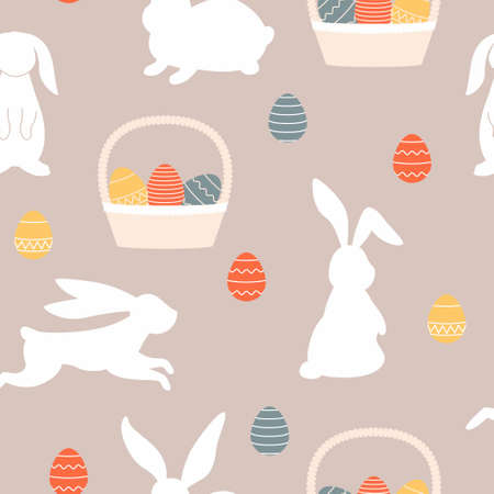 Trendy seamless pattern with silhouettes of rabbits, basket and colored eggs. Easter spring design with bunnies. vector backgroundのイラスト素材