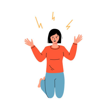 Anger, evil, furious woman concept. Young angry furious female cartoon character standing on knees with fingers out and expressing rage and anger. Mental disorder, illness. vector illustrationのイラスト素材