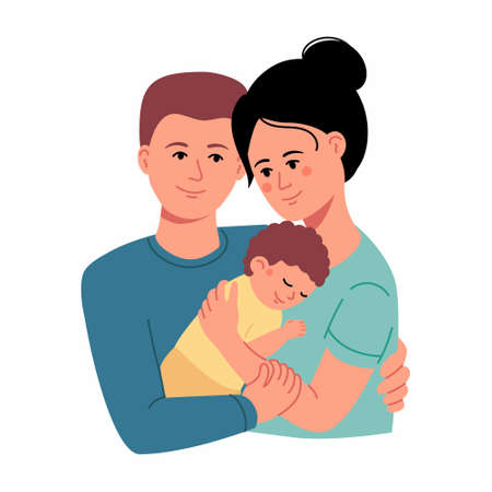 A young happy couple parents hugs their newborn with care and love. Father and mother Family and child care vector concept.のイラスト素材