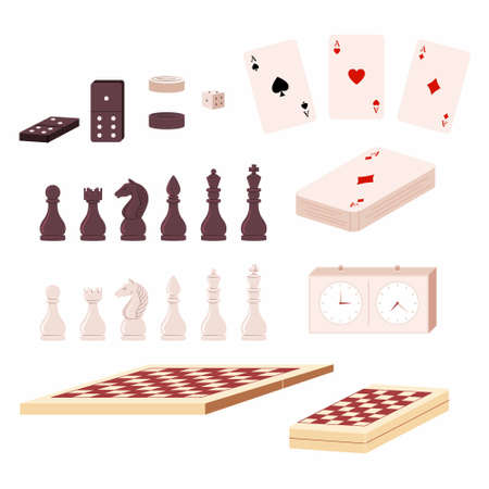 Collection of board game element, cards, chess and board, timer, checkers, dice, dominoes Trendy set in perspective, isometric style. Isolated vector illustration for board game shop, store.のイラスト素材