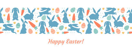 happy easter banner. Trendy Easter design with flowers, carrots, eggs and bunnies. Horizontal poster, greeting card, website headerのイラスト素材