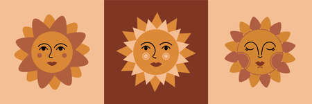 Colorful abstract set of three Suns with face. Ethnic style. Bohemian trendy Vector illustration....