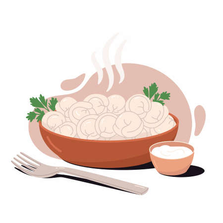 Hot dumplings bowl with fork, sour cream and parsley. Dough with meat filling, national cuisine, homemade lunch, breakfast. Traditional russian pelmeni, ukrainian vareniki concept.のイラスト素材