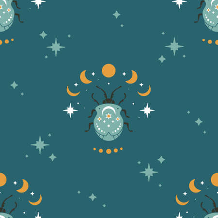 Magic bohemian seamless pattern with mystical bugs. Celestial insects with moon and stars. vintage color. Design for magic print, fabric, wallpaper, textile, magical decor.のイラスト素材