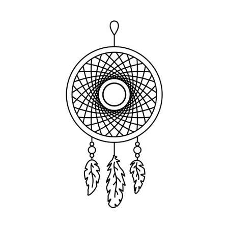 Black outline of amulet of the Dream catcher on a white background. Spider. Amulet for good dreams. dreamcatcher and featherのイラスト素材