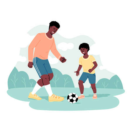 Smiling happy african american father and son having fun together playing football with soccer ball. Happy fatherhood and childhood concept. vector trendy illustrationのイラスト素材