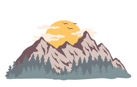 vintage mountain landscape. Mountain with forest and sun retro vintage print design.のイラスト素材