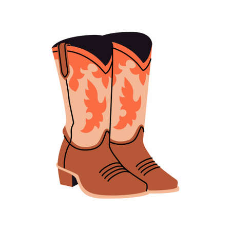 Stylish cowboy boots with ornament. Shoe pair. wild west theme. Hand drawn colored trendy Vector illustrationのイラスト素材