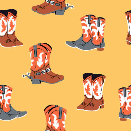Seamless pattern of various cowboy boots with different ornaments. wild west style. Vector backgrounds, wallpapersのイラスト素材