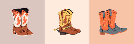 Set of Stylish cowboy boots with different ornaments. Shoe pair collection. wild west theme. Hand drawn colored trendy Vector illustrationのイラスト素材