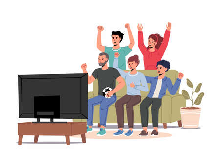 Football fans, friends watching match on TV. Men and women sitting on couch and celebrating soccer team winning or goal. Vector illustration for championship, leisure at home, sport game supporter conceptのイラスト素材