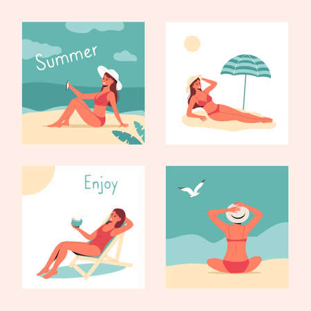 Vector abstract summer time illustration card. Set of woman or girl relaxing on the beach in ocean waves. summer party. hello summer cards vector. Cute trendy poster set.のイラスト素材