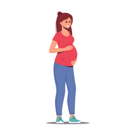 Pregnant woman, happy future mom, standing and hugging belly with arms. Flat trendy vector illustration.のイラスト素材