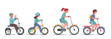 Kids riding bikes. Illustration of a group of kids biking on bicycles. Vector boys and girls...