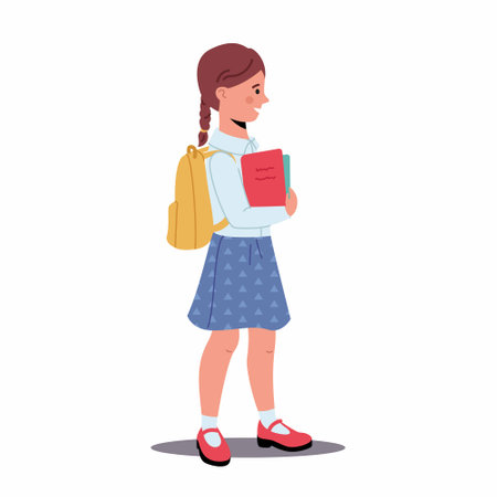Little girl in skirt go to school. Pupil Character in Uniform and School bag isolated on white. Child with backpack. back to school. Education. vector illustrationのイラスト素材