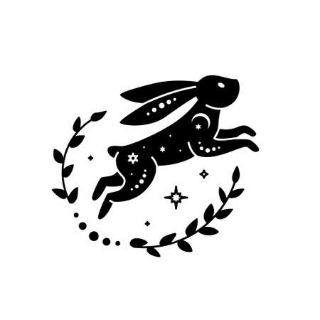 Celestial animal silhouette of jumping rabbit. Magic bunny with natural elements. Black magical bunny rabbit, mystic crescent moon esoteric symbol, constellation elements. Vector rabbit decoration. Celestial clipart.のイラスト素材