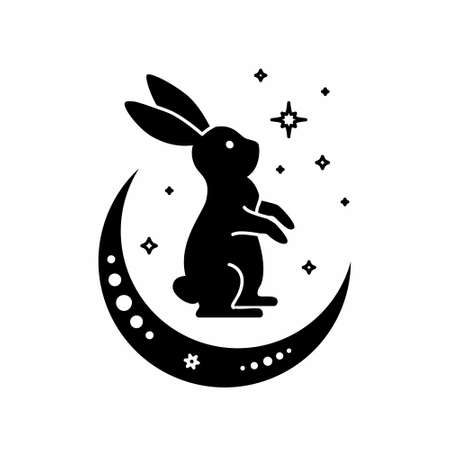 Celestial animal silhouette of standing rabbit with moon. magic bunny. Black magical bunny rabbit, mystic crescent moon esoteric symbol, constellation elements. Vector rabbit decoration. Celestial clipart.のイラスト素材