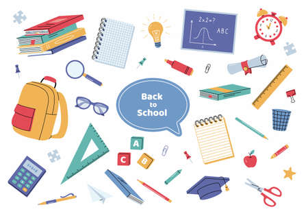 Big set of school supplies. Back to school stationary. children's subjects. vector illustration. school stuff vector set. Supplies for office and education. Equipment for teachers and children.のイラスト素材