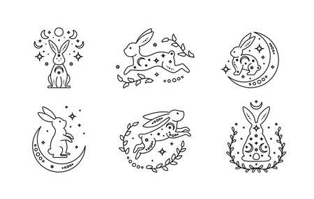 Set of celestial animal rabbits. magic bunnies. Black outline magical bunny rabbits, mystic crescent moon esoteric symbol, constellation elements. Vector rabbits for decoration. Celestial clipart. year of rabbitのイラスト素材