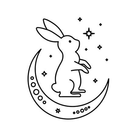 Celestial animal sitting rabbit with moon and stars. magic bunny. Black outline magical bunny rabbit, mystic crescent moon esoteric symbol, constellation elements. Vector rabbit decoration. Celestial clipart. year of rabbitのイラスト素材
