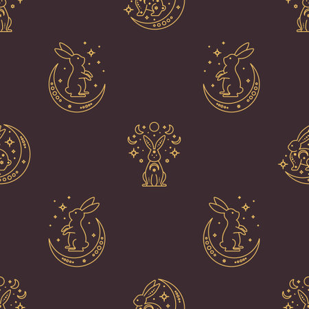 Trendy celestial seamless pattern with bunnies. Boho magic background with gold outline rabbits. Design for card, fabric, print, greeting, poster. vector illustrationのイラスト素材