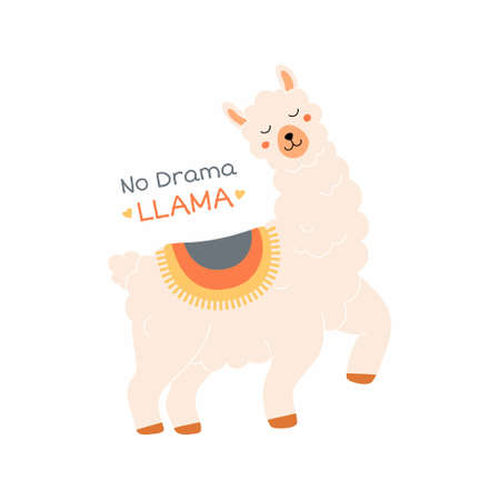 Trendy llama illustration vector. Color flat children's illustration, poster, print with cute smiling llama and lettering no drama llama on a white background. Alpaca. Cute baby animals.のイラスト素材