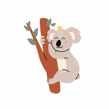 Cute koala climbing the tree, adorable Australian animal cartoon vector illustration. Koala bear slipping on eucalyptus branchのイラスト素材