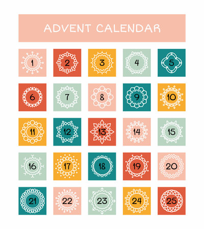 Christmas advent calendar. Winter holidays cards with snowflakes. Set of colorful numbers from 1 to 25 for advent calendar. Vector isolated elements for design. trendy styleのイラスト素材