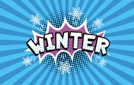 Winter Comic text with snowflakes. Retro comic boom bubble with colorful halftone shadow on striped pattern. Pop Art vintage vector illustration.