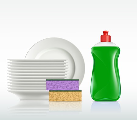 plates and a bottle with detergent isolated on white backgroundのイラスト素材