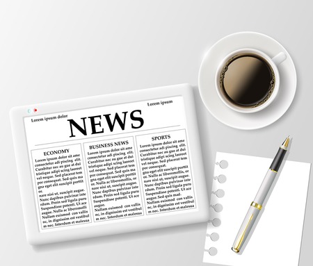 digital tablet and a cup of coffee on the tableのイラスト素材