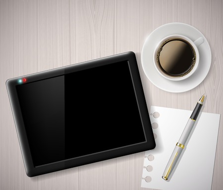 cup of coffee and a digital tablet on the tableのイラスト素材