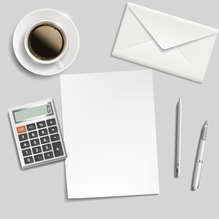 sheet of paper, envelope, calculator, pen and cup of coffee on the tableのイラスト素材