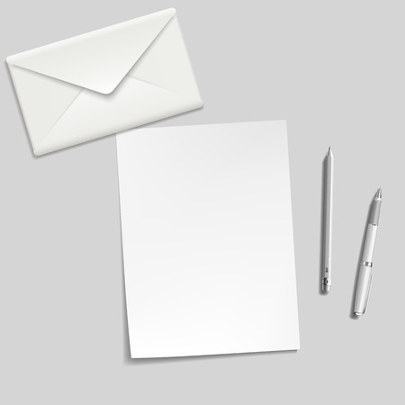 white sheet, envelope, pen and pencil on the tableのイラスト素材