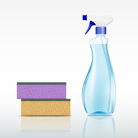 plastic spray bottle with cleaning liquid and spongeのイラスト素材