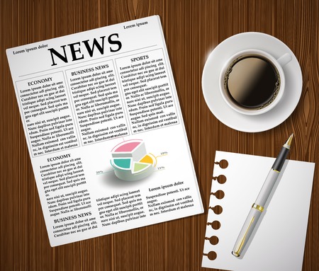 newspaper and a cup of coffee on a wooden tableのイラスト素材
