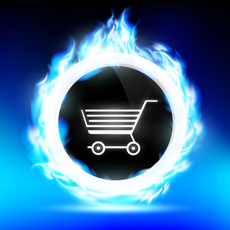 round button with a shopping trolley burns with a blue flameのイラスト素材