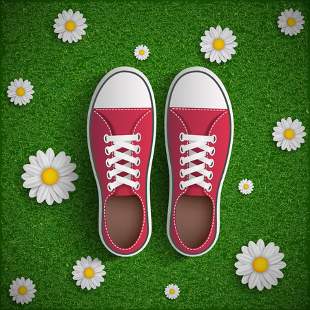 Vintage sneakers standing on green grass with flowers. Vector image.のイラスト素材
