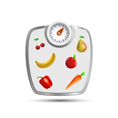 Scales for weighing with fruits and vegetables. Vector image.のイラスト素材
