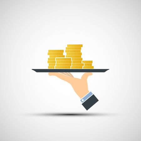 Hand holding a tray with money. Vector image.のイラスト素材