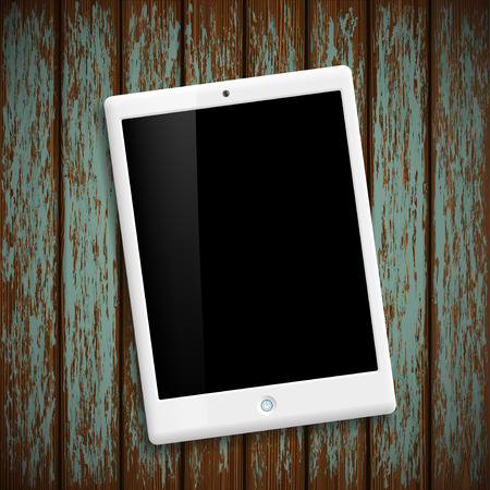 White tablet. Wooden old table. Stock Vector.のイラスト素材