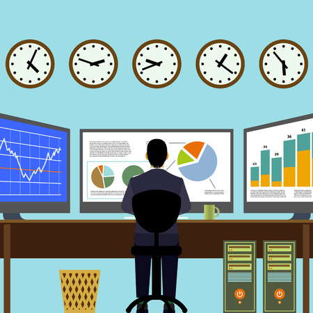 Broker sitting at workplace. Financial analysis. Graphs and charts on the monitor. Vector Image Stock.のイラスト素材